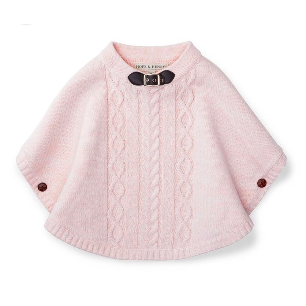 Hope & Henry Poncho Kids XXS Pink Preppy Cable Knit Organic Cotton Buckle Cape